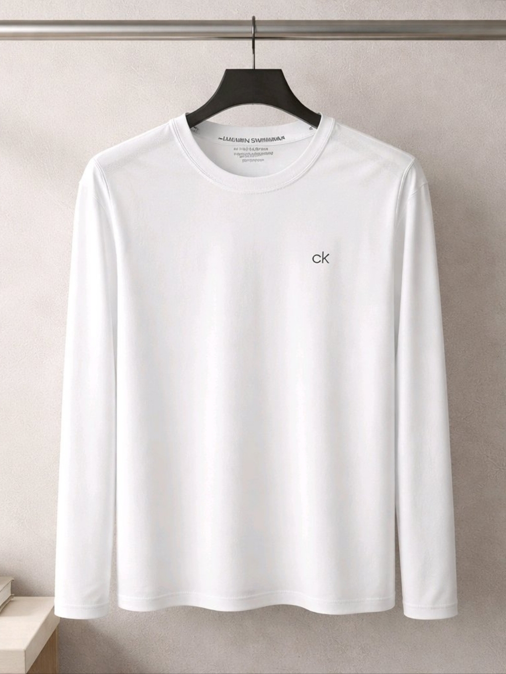 Calvin Klein White Long-Sleeve Crew Tee with CK Logo Swimwear UPF 40+